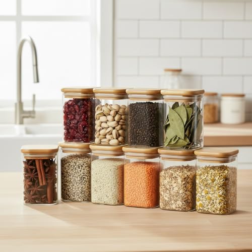 Image of ginoya brothers Airtight Borosilicate Glass Square Jar With Wooden Or Steel Lid Multi-Size, Container for Spices, Coffee, Grains, Snacks & Kitchen Organization (2, WOODEN LID, 270 ML)