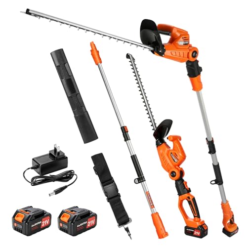Axientro Cordless Hedge Trimmer, 2-in-1 Battery Powered Hedge Trimmer with Telescoping Pole, 23' Blade, 14 ft Max Reach, 11-Position Rotating Head, Cuts 0.7' Branches, 2×4000mAh Batteries & Charger