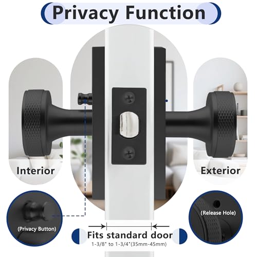 Foswdero Interior Door Knob with Lock, Black Door Knob with Knurled Texture Privacy Door Knobs, Modern Style Door Handle for Bedroom 1 Pack by Foswdero - Image 4