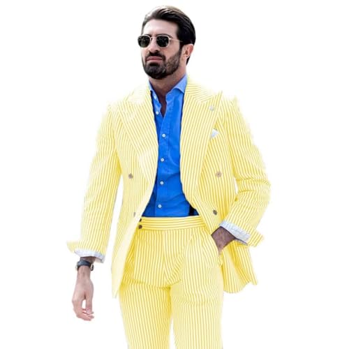 Men's Striped Seersucker Suits Casual 2 Pieces Double Breasted Tuxedos Summer Beach Wedding Blazer Pants for Groom