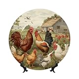 Platos decorativos de cerámica con diseño de gallinas y granjas, plato decorativo de porcelana china con soporte de exhibición hecho a mano, adorno de cerámica con personalidad, plato de cena de