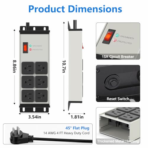 FENJIKRONIX Heavy Duty Surge Protector Power Strip Gray, 6 Outlets, 4FT by FENJIKRONIX - Used condition - Image 8