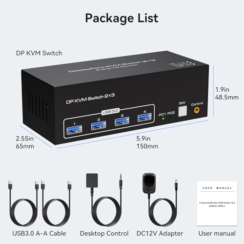 ATLAHET 8K Displayport KVM Switch 3 Monitors 2 Computers 8K60Hz 4K120Hz DP KVM Switches Triple Monitor for 2 PC Share 4 USB 3.0 Support Extended & Copy Display Mode Wired Controller and 12V Adapter by ATLAHET - Image 7