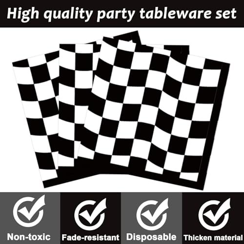 Image of 96PCS Race Car Birthday Party Decorations Black and White Checkered Plates Sports Themed Table Supplies Decorations Racing Dessert Plates Napkins Forks for 24 Guests Racing Car Birthday Party Favors
