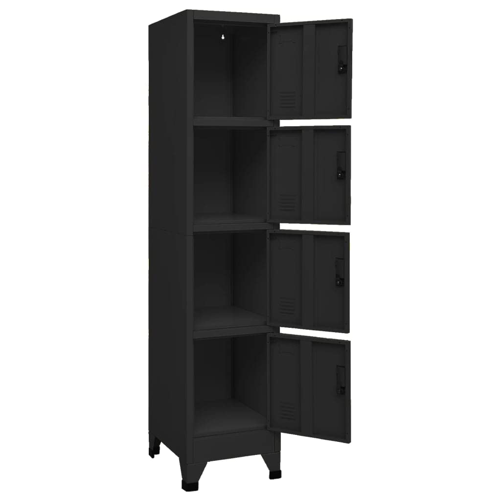 Armadietto nero in acciaio, 38 x 45 x 180 cm, con 4 ante chiudibili, fessure di ventilazione, porta targhetta per ufficio, scuola, spazio e ordine nel corridoio