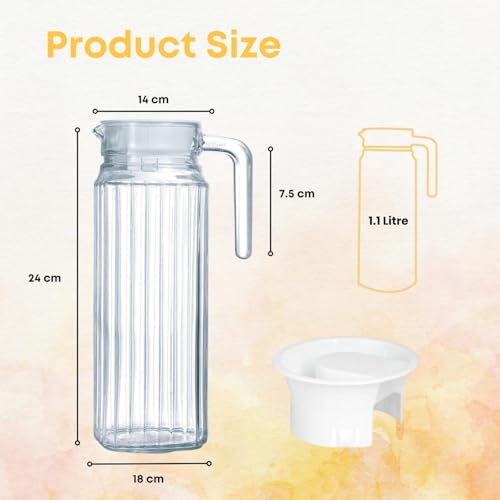 HOMESHOPA Glass Water Jug with Lid, 2 Pack 1.1L Water Pitcher Glass Carafe Jug for Juice, Ice Tea, Coffee, Milk & Beverage, Transparent Ribbed Fridge Door Water Jug with Spout and Handle - Image 3