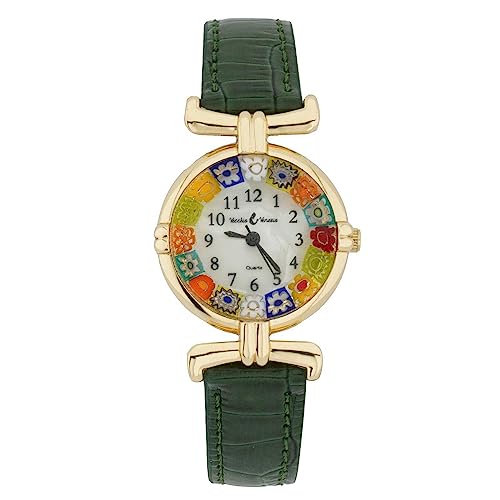 Montre Murano femme en verre millefiori doré et bracelet vert forêt fait main
