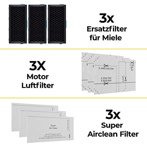 3x HEPA Filter für Miele Staubsauger Compact C1 C2 Complete C2 C3 S8340 Ersatz für SF-HA 50 mit 3 Motorfilter und 3 Air Clean Filter Miele s8340 Filter