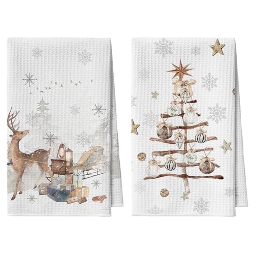 Artoid Mode Copos de nieve, árboles, regalos, renos, Navidad, paños de cocina, paños de cocina, 42 x 65 cm, para invierno, decoración navideña, toallas de poliéster, juego de 2 unidades