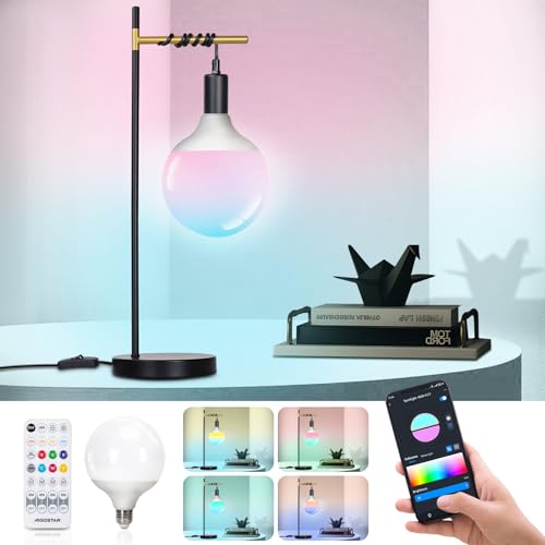Aigostar Lámparas de Mesa Inteligente E27 G120 Bluetooth Mesh Compatible con Alexa, 4.9W RGB Gradiente Lámpara de Escritorio, Degradado de Color en Capas Superior e Inferior Lámpara de Noche
