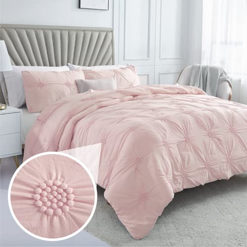 Image of Swift Home King Baby Pink Rose Blush Comforter Set - Ruched 3D Floral Pintuck Bedding Set - 3 Pieces Bed Linen, 1 Comforter and 2 Pillow Shams
