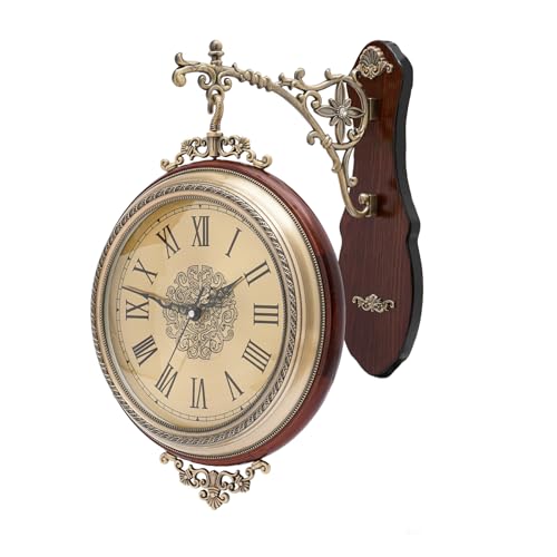 Large Wall Clock Double Sided European Style Double Sided Alloy Wall Clock 360 Rotating Metal Wall Watch Non Ticking Silent Clock for Indoor Outdoor Office Living Room Porch Clock Wall Decor