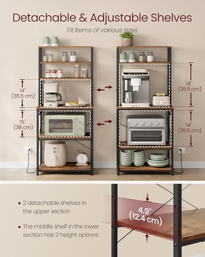 Image of VASAGLE Bakers Rack with Power Outlet, 23.6 Inches Coffee Bar for Kitchen with Storage, 6-Tier Kitchen Shelves with 6 Hooks, Microwave Stand, Industrial, Rustic Brown and Ink Black UKKS124K03