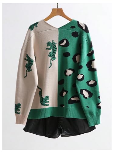 WDIRARA Women's Leopard Tiger Print Cardigan V Neck Long Sleeve Color Block Button Down Sweater Outwear2