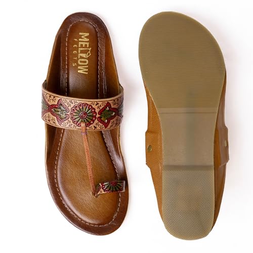 Image of Women's Leather Kolhapuri Chappals - Handmade Ethnic Flats Sandals with Durable TPR Non-Slip Sole