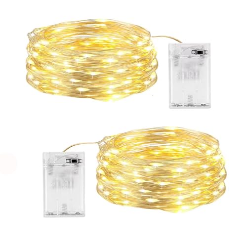 SHUBEIEUMI 2 x Cadena de Luces con Pilas, 5 Metros 50 LED Plata Alambre, 2 Modos de Iluminación, para Navidad Guirnalda Jardín, Habitación, Terraza,Pared,Cortina?Blanco cálido?