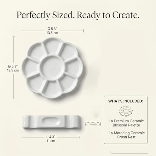 Paleta de acuarela de cerámica blanca de 5 pulgadas con diseño de flor de ciruelo y soporte integrado 6