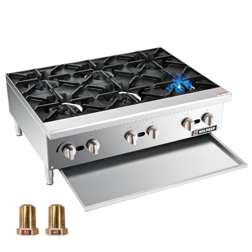WILPREP Countertop Gas Range, 6 Burner Countertop Gas Stove with 150,000 BTU, 36" Propane Gas Range with Natural Gas Conversion Kit Grates, Stainless Steel Commercial Gas Range for Restaurant Kitchen