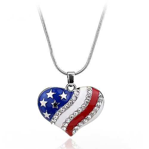 coadipress Red White Blue American USA Flag Star Hoop Earrings Flip Flop Sandal Cubic Zircon Heart Diamond Dangle Drop Earring4th of July Independence Day Gift for Women (Heart Flag Necklace)