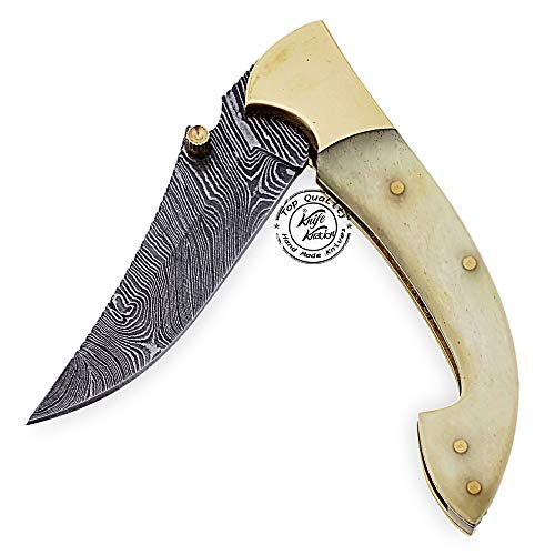Beautiful Camel Bone 7.25" Damascus Steel Folding Pocket Knife With Brass Bolster, 100% Prime Quality #TOP4