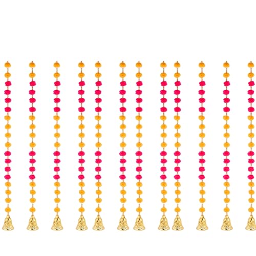 Image of Prapti Handicrafts Handmade Traditional 12 Pieces Pompom Pink Wall and Door Hanging for Home | Diwali Decor | Wedding and All Festival Decoration | Decorative Backdrop for Pooja Room