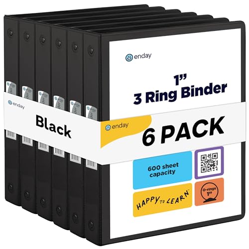 Enday 1 Inch Binder (6 Pack - Black) 3 Ring Binder 1 inch with Clear View Cover and 2 Inside Pocket - for Letter Size 8.5 x 11'' Paper, Ideal for School Supplies, Office, and Home