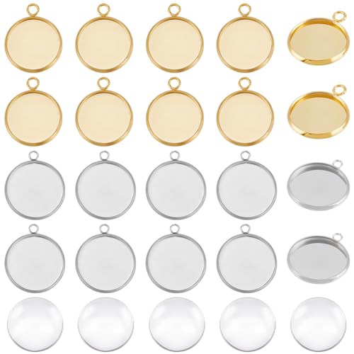 UNICRAFTALE About 40Pcs 2 Colors 304 Stainless Steel Pendant Cabochon Settings Plain Edge Bezel Cups 16mm Tray Flat Round Pendant Making Kit with 40Pcs Transparent Glass Cabochons for Jewelry Making