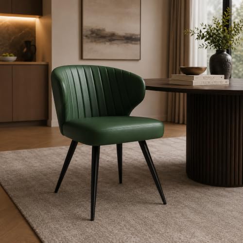 Image of Finch Fox Shree Faux Leather Living Room Dining Chair in Dark Green Color with Black Powder Coated Metal Legs