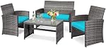 DORTALA 4 Ensemble de meubles de patio, ensemble de conversation en osier extérieur avec coussins souples & Table à café en verre trempé, Sets de bistro de patio de Rattan pour Balcon Courtyard, Turquoise