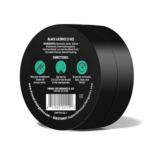 Image of Primal Life Organics - Dirty Mouth Toothpowder, Activated Charcoal Tooth Cleaning Powder, Essential Oils Natural Kaolin Bentonite Clay, 200+ Brushings, Organic Vegan (Charcoal Black Licorice, 1 oz)