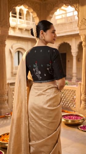 Image of Studio Shringaar Women's Handloom Cotton Jamdani Border Readymade Saree Blouse