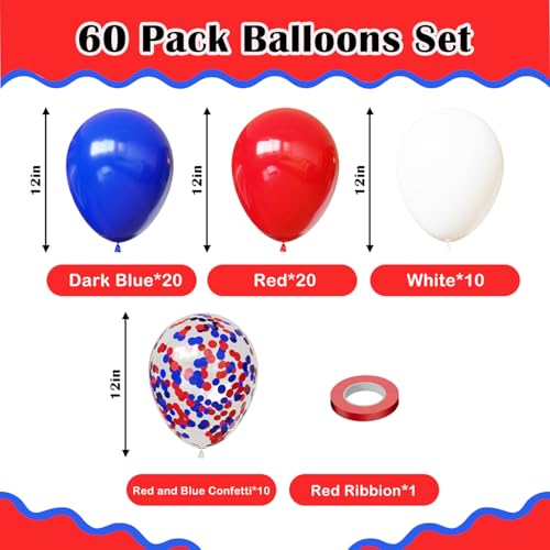 Image of Red White and Blue Balloons,60Pcs Red and Blue Balloons | 12in Latex Balloon for Independence Day Birthday Party Decorations