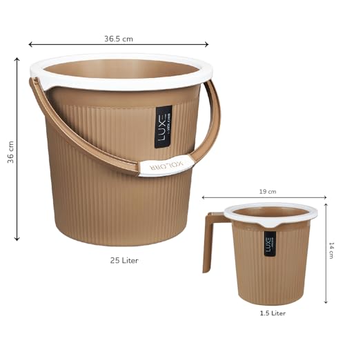 Image of KOLORR LUXE Bathroom Set | (Bucket 25L x 2)+ (Mug 1.5L x 2)- Ratan LT Brown| Bath Set For Bathroom|Easy to clean| For Home, Kitchen & Bathroom | Combo Set for Bathroom| Modern Bathroom Accessories Set