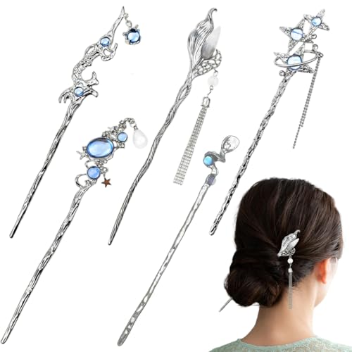 Image of SANNIDHI Hair Stick for Bun Accessories for Woman, 5Pcs Vintage Alloy Juda Pins for Hair Bun, Moonstone Planet Star Charm Silver Accessories for Updo & Daily Styling