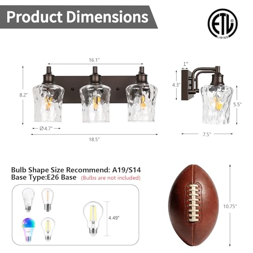 Image of Bathroom Light Fixtures Farmhouse Oil Rubbed Bronze Vanity Lights for Bathroom Lighting Fixtures Over Mirror with Hammered Glass Lampshade for Cabinet Mirror Bedroom Hallway 3 Light