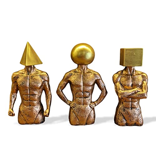 Image of Geometric Marvel MuscleCraft Accent Statue Set of 3 | Gold Stone Body with Golden 3D Triangle, Sphere, or Square Head(Human Body)