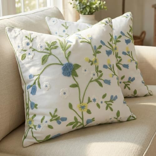 Spring Floral Embroidered Throw Pillow Covers 18x18 inch Set of 2...