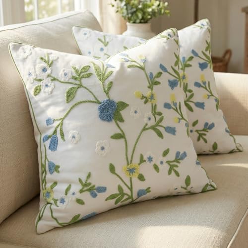 sykting Blue Yellow Green Floral Embroidered Pillow Covers 20x20 Set of 2