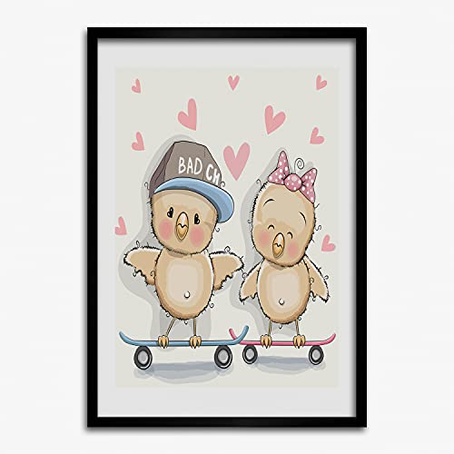 Cadre MDF 50x70 cm Poulets de skateboard pour salon design et pop