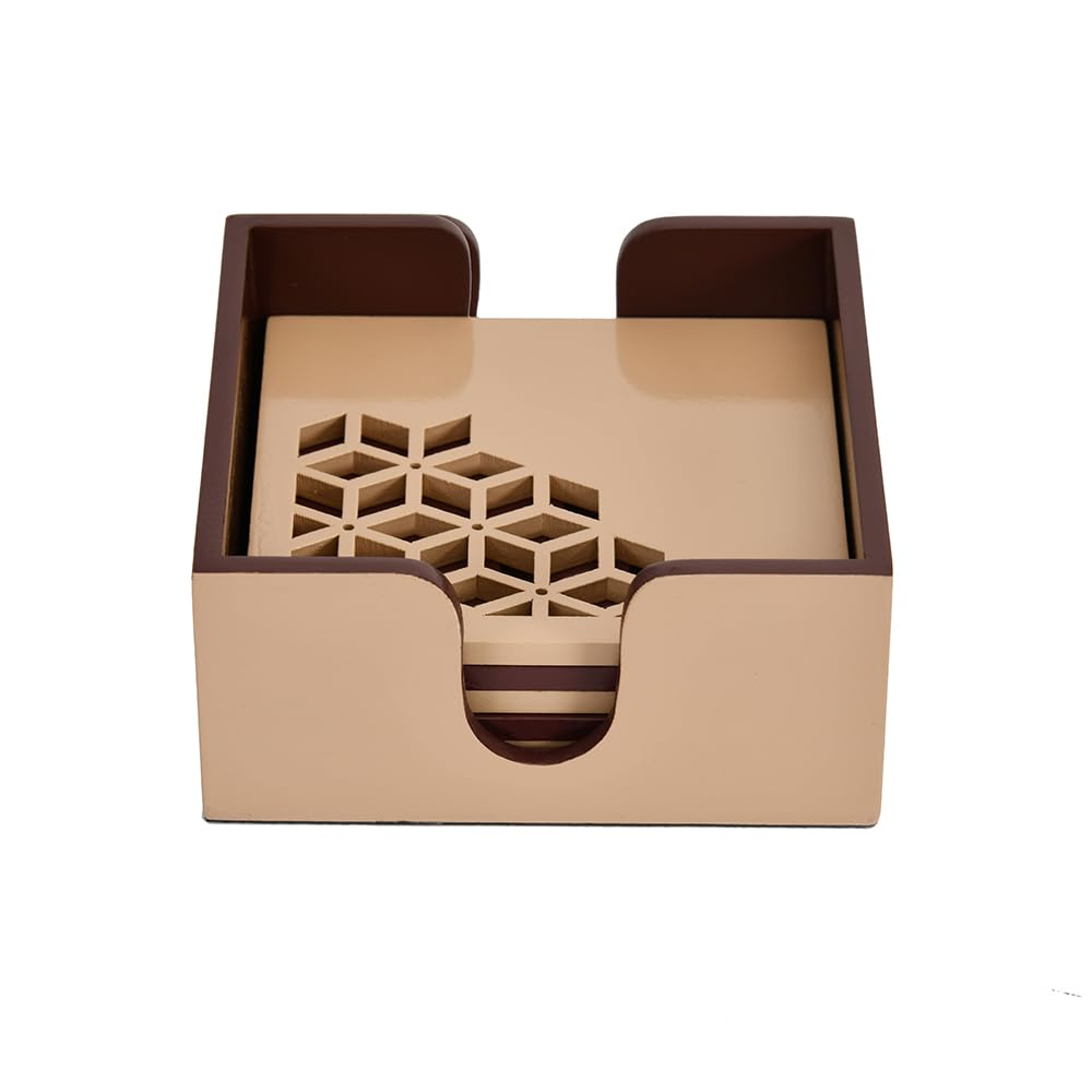 @home 6 Pcs Wooden Coasters for Cups Mugs Glasses Home Decor Office Coffee Bar Table Heat Resistant Pads Tabletop Protection Square Brown & Beige by Nilkamal 1