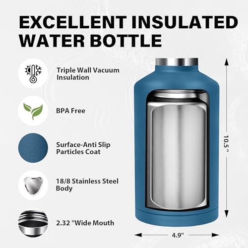 Image of Insulated Water Bottle 64 oz, Triple Wall Vacuum Stainless Steel Water Bottles(Cold for 48 Hrs), Leak Proof & Non-BPA, Half Gallon Water Flask Jug with Straw Spout Lids for Gym, Sports, Camping