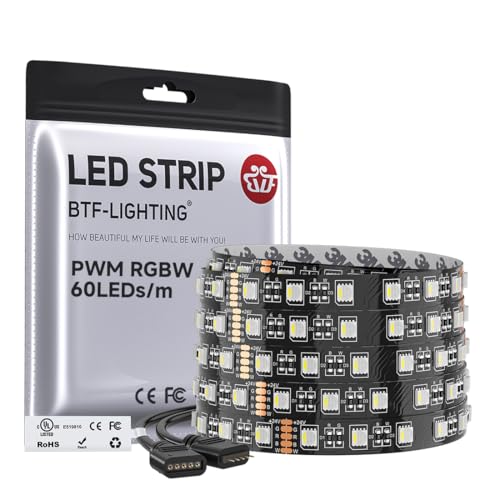 Image of BTF-LIGHTING RGBW LED Strip Cool White 16.4ft 60LED DC24V UL Listed IP30 | Black LED Tape PCB 12mm 5050 4 Colors in 1 RGB + 6000K-7000K for Home Decoration(No Adapter or Controller)