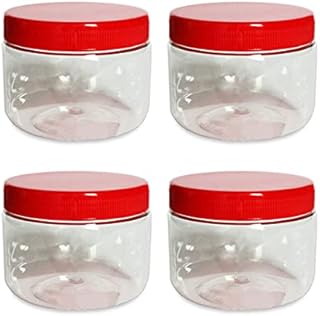 AFSUK Sunpet 200ml Plastic Storage Jar With Screw Top Lids Red Airtight Food Storage Containers BPA Free For Kitchen, Herb, Spices, Sweets Clear Round Canister pots (Pack of 4)