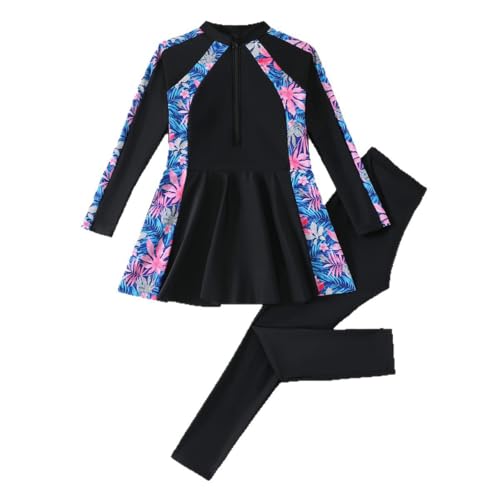 BananaHome 2Pcs Girls Long Sleeve Swimsuit Bathing Suit Modest Muslim Swimsuit Set Rash Guard Swimwear Full Coverage Swimwear 8-12 years (UAE/KSA Age 10 Years Regular Black)