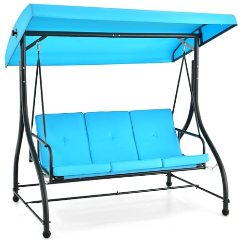 Image of HAPPYGRILL 3-Seat Outdoor Porch Swing, 2-in-1 Swing Glider with Adjustable Canopy, Removable Cushions, Foot Pad, Curved handrails, Outdoor Swing for Patio Yard Garden Balcony Backyard (Turquoise)