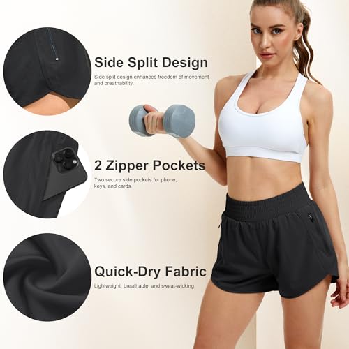 JOVCOVL 3/5er Pack Sport Shorts Damen Sporthose kurz mit Reißverschlusstasche Sommer Atmungsaktive Gym Shorts Damen Laufhose Schnelltrocknende Running Fitness Yoga Trainingshose