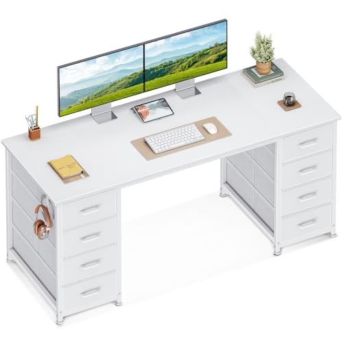 Coleshome Scrivania con 8 Cassetti in Tessuto, 140x48cm Scrivania per Computer con Portacuffie, Scrivania Salvaspazio Tavolo Ufficio per Studio, Camera da Letto, Bianco