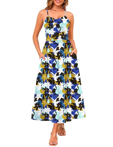 Image of Annebouti Women 2026 Summer Spring Ruched Maxi Dress Adjustable Spaghetti Strap Floral Beach Long Sundress with Pockets