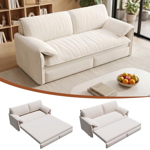 Yafylly Queen Full Size 3-in-1 Convertible Sleeper Sofa Bed, Velvet Loveseat Pull Out Couch with Pillows for Living Room, Bedroom, Apartment, Office, Pure White
