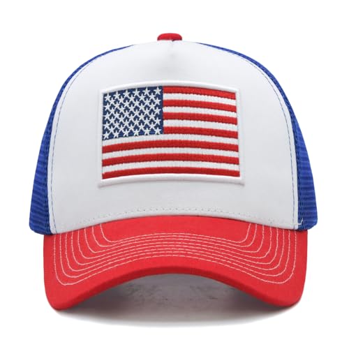 Image of American Flag Trucker Hat for Men Women, Adjustable Snapback Mesh USA Flag Baseball Cap